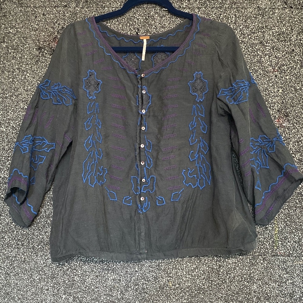 Free People Black Embroidered Top M